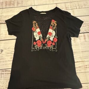 Express Black Tee with Red Rose and Skull Design